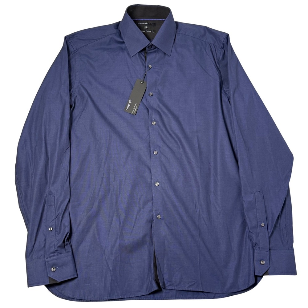 Autograph Pure Cotton Shirt Mens Large‎ Navy Blue Dress Polo NWT Preppy Office